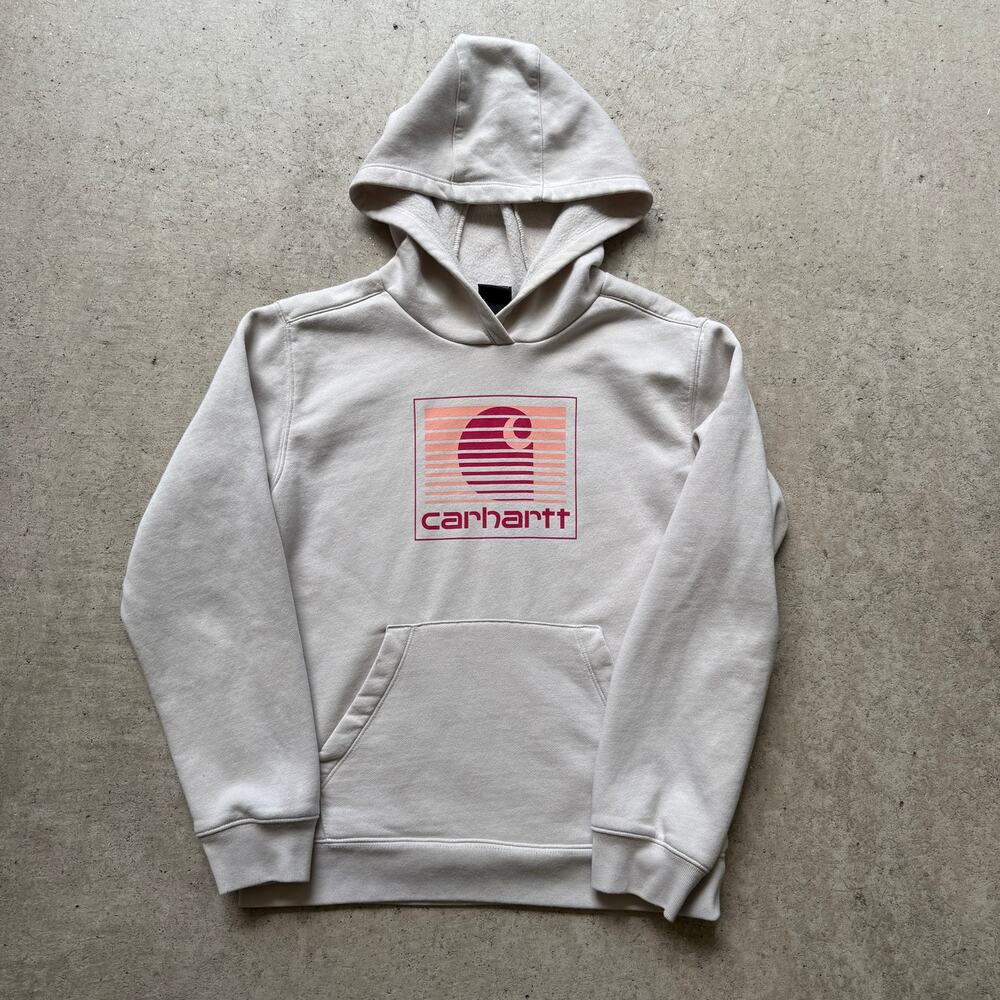 Youth Girls Beige Tan Carhartt Pink Logo Hoodie Pullover Sweatshirt Sz Large L